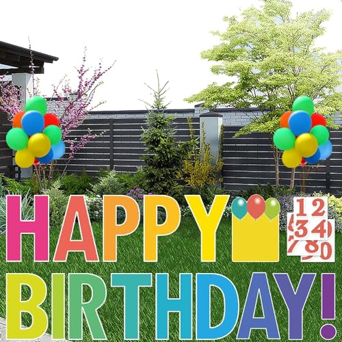 Happy Birthday Yard Sign with Stakes, Personalized Age Signs with 20 Number Stickers, Bright Rainbow Color, 15" Big Size