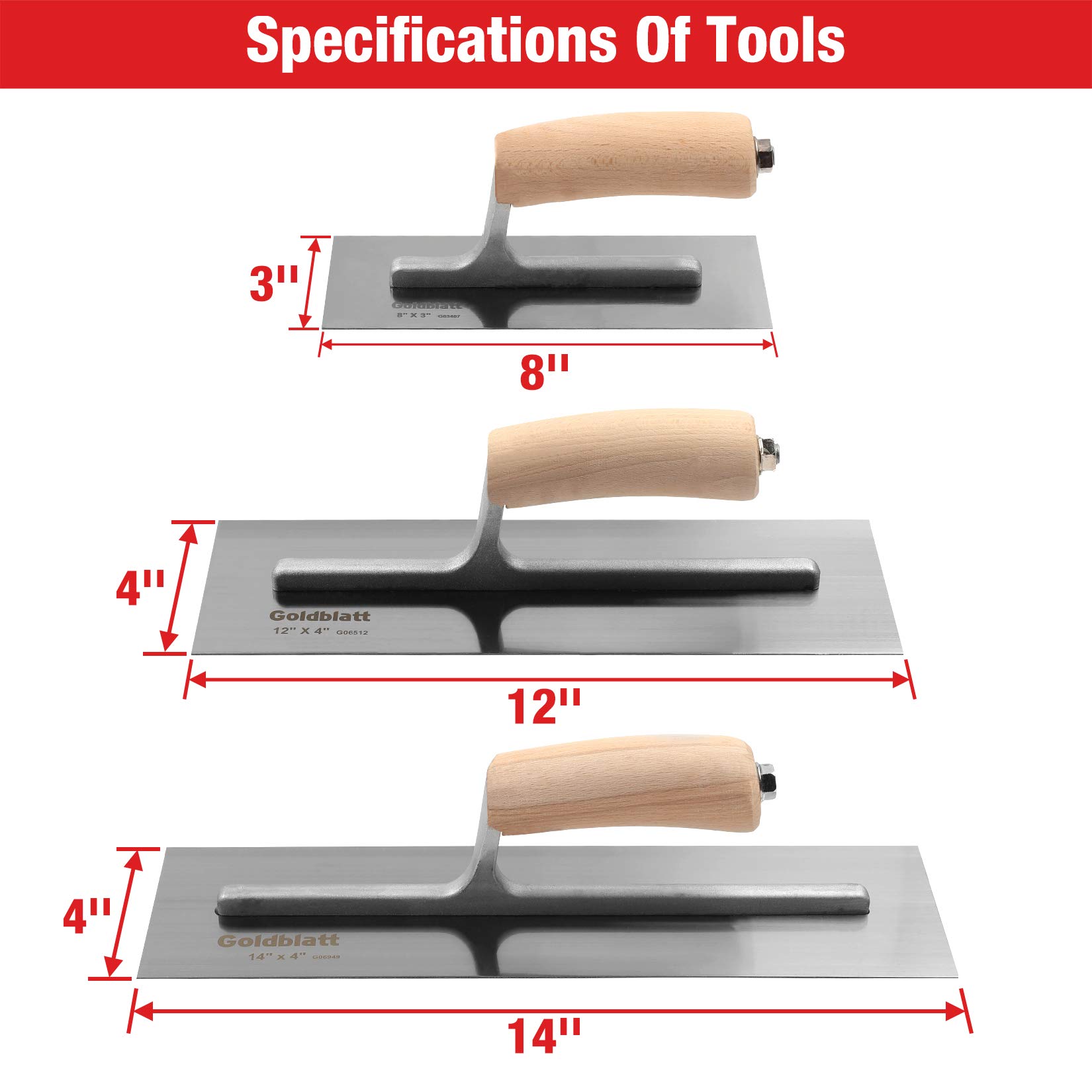 Goldblatt 3 Pieces Drywall Trowel, Carbon Steel Finishing Masonry Trowel Set Includes 14'' x 4'', 12'' x 4'', 8'' x 3'', Lightweight Wood Handle, Plastering Trowel for Sheetrock Wallboard Plasterboard