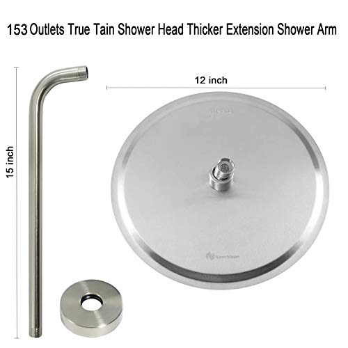 Rain Shower Head With Extension Arm, NearMoon Round Shower Heads, Large Stainless Steel Rainfall Showerhead-Waterfall Full Body Coverage (12 Inch Shower Head With 15 Inch Shower Arm, Brushed Nickel)