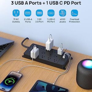 TROND Surge Protector Power Strip, Flat Plug Power Strip with 20W USB C & QC 3.0 Charger, 4000J, ETL Listed, 13 Wide Spaced Outlets 4 USB Ports, 5ft Extension Cord, Wall Mount for Home Office Supplies