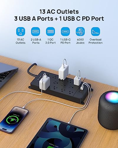 TROND Surge Protector Power Strip, Flat Plug Power Strip with 20W USB C & QC 3.0 Charger, 4000J, ETL Listed, 13 Wide Spaced Outlets 4 USB Ports, 5ft Extension Cord, Wall Mount for Home Office Supplies