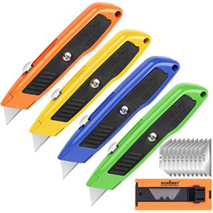 horusdy 4-pack box cutter utility knife, heavy duty aluminum shell retractable box cutter for cardboard, boxes and cartons, extra 10 blades.