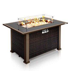 serenelife outdoor propane fire pit table - approved safe 50,000btu auto-ignition propane gas fire table - rattan panel, glass wind guard, black tempered glass tabletop, clear glass rock - slfptl