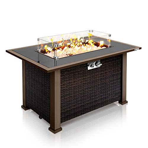 SereneLife Outdoor Propane Fire Pit Table - Approved Safe 50,000BTU Auto-Ignition Propane Gas Fire Table - Rattan Panel, Glass Wind Guard, Black Tempered Glass Tabletop, Clear Glass Rock - SLFPTL