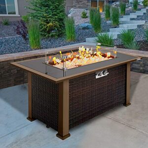 SereneLife Outdoor Propane Fire Pit Table - Approved Safe 50,000BTU Auto-Ignition Propane Gas Fire Table - Rattan Panel, Glass Wind Guard, Black Tempered Glass Tabletop, Clear Glass Rock - SLFPTL