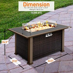 SereneLife Outdoor Propane Fire Pit Table - Approved Safe 50,000BTU Auto-Ignition Propane Gas Fire Table - Rattan Panel, Glass Wind Guard, Black Tempered Glass Tabletop, Clear Glass Rock - SLFPTL