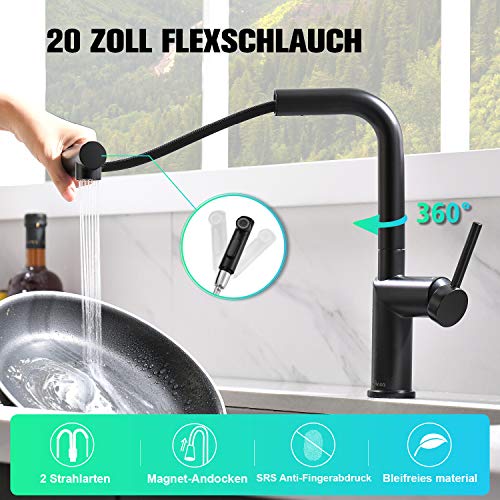 APPASO Modern Kitchen Faucet with Pull-Out Multi-Flow Sprayer Matte Black - Zinc Alloy Single-Handle Kitchen Sink Faucet Without Magnetic Function, APS231MB