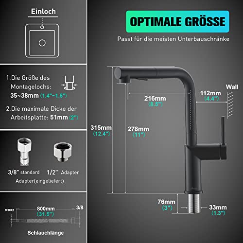 APPASO Modern Kitchen Faucet with Pull-Out Multi-Flow Sprayer Matte Black - Zinc Alloy Single-Handle Kitchen Sink Faucet Without Magnetic Function, APS231MB