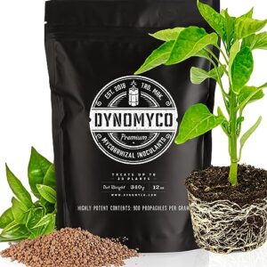 dynomyco premium mycorrhizal inoculant - root enhancer/stimulator - mycorrhizae for plants - concentrated mycorrhizal inoculant - supreme myco strains - treats up to 68 plants! (340 g / 12 oz)