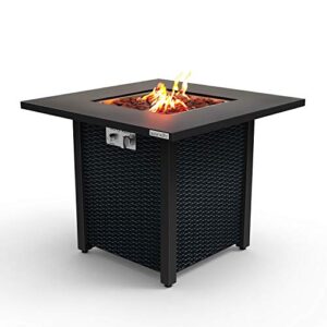 serenelife outdoor pit csa approved safe 40,000 btu pulse ignition propane gas fire table tabletop, rattan-look steel panel, 6.6 lbs decorative lave rock set slfps3