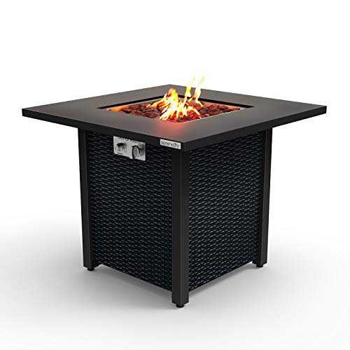 SereneLife Outdoor Pit CSA Approved Safe 40,000 BTU Pulse Ignition Propane Gas Fire Table Tabletop, Rattan-Look Steel Panel, 6.6 Lbs Decorative Lave Rock Set SLFPS3