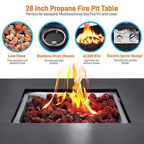 SereneLife Outdoor Pit CSA Approved Safe 40,000 BTU Pulse Ignition Propane Gas Fire Table Tabletop, Rattan-Look Steel Panel, 6.6 Lbs Decorative Lave Rock Set SLFPS3