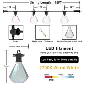 FMART Outdoor LED String Lights, 48FT Patio Lights String with 25 LED Shatterproof Bulbs(1 Spare), 2700K Weatherproof Connectable Diamond Shaped Hanging String Light for Backyard Bistro Party Decor