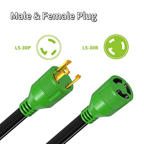 RVMATE 3 Prong 30 Amp Generator Extension Cord 10 Feet, NEMA L5-30P/L5-30R 125V SJTW Jacket