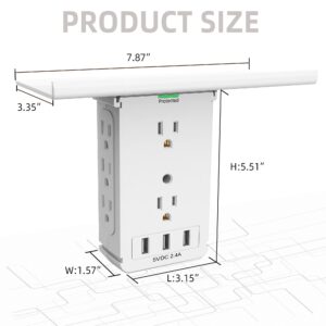Wall Socket Outlet Extender with Shelf, 3 USB Ports, 8 AC Outlet, Surge Protector 1020J, White