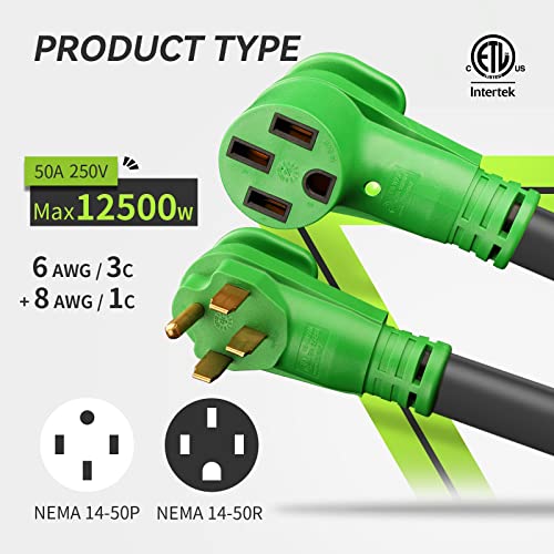 RVMATE 50 Amp 25 Feet RV/EV Extension Cord, Easy Plug in Handle, 14-50P to 14-50R with LED Indicator, ETL Listed, Come w/Storage Bag and Plastic Strap