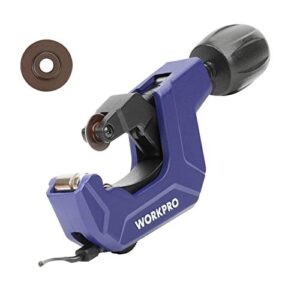 workpro pipe cutter, 1/8 to 1-1/8inch tubing cutter, heavy duty conduit cutter for thin copper pvc aluminum pipes, with deburring reamer ultra-sharp spare cutting wheel