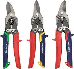 workpro 3-piece aviation snip set, 10-inch tin snips left, right and straight cut, metal cutter shears made by chrome vanadium steel, ergonomical handle with hang hole and safety latch