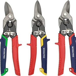 WORKPRO 3-Piece Aviation Snip Set, 10-inch Tin Snips Left, Right and Straight Cut, Metal Cutter Shears Made by Chrome Vanadium Steel, Ergonomical Handle with Hang Hole and Safety Latch