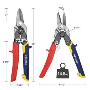 WORKPRO 3-Piece Aviation Snip Set, 10-inch Tin Snips Left, Right and Straight Cut, Metal Cutter Shears Made by Chrome Vanadium Steel, Ergonomical Handle with Hang Hole and Safety Latch