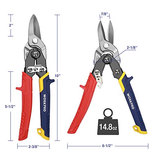 WORKPRO 3-Piece Aviation Snip Set, 10-inch Tin Snips Left, Right and Straight Cut, Metal Cutter Shears Made by Chrome Vanadium Steel, Ergonomical Handle with Hang Hole and Safety Latch