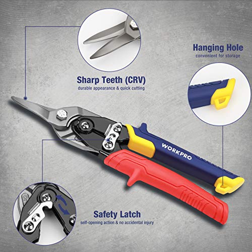 WORKPRO 3-Piece Aviation Snip Set, 10-inch Tin Snips Left, Right and Straight Cut, Metal Cutter Shears Made by Chrome Vanadium Steel, Ergonomical Handle with Hang Hole and Safety Latch