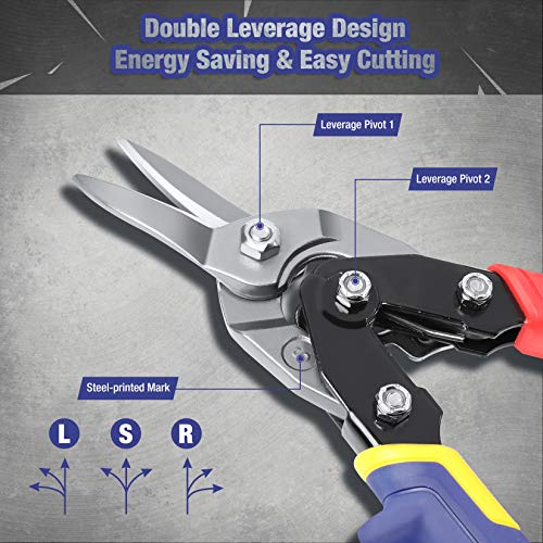 WORKPRO 3-Piece Aviation Snip Set, 10-inch Tin Snips Left, Right and Straight Cut, Metal Cutter Shears Made by Chrome Vanadium Steel, Ergonomical Handle with Hang Hole and Safety Latch