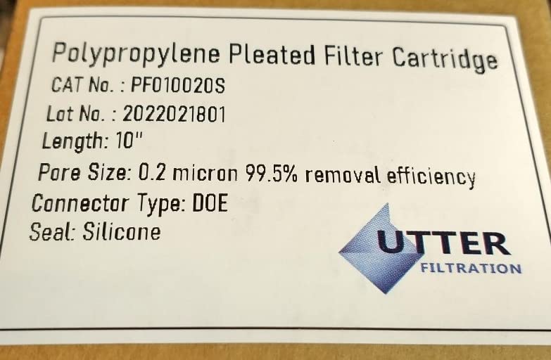 0.2 Micron Filter Cartridge Pleated Polypropylene, 2-5/8" x 9-7/8", Submicron