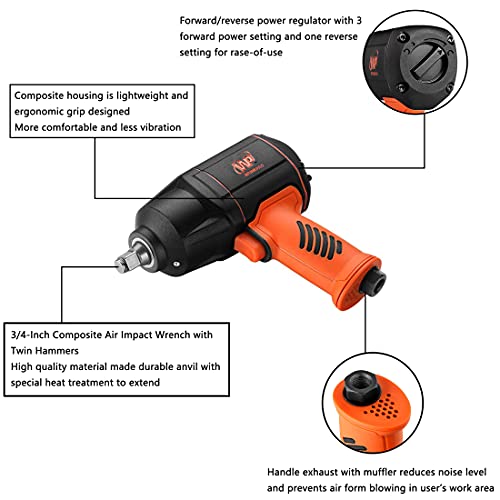 WORKPAD 3/4-Inch Composite Air Impact Wrench with Twin Hammers, Pneumatic Tools