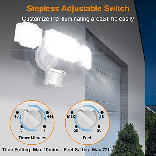 LEPOWER 48W LED Security Lights, 5200LM Motion Sensor Flood Lights Outdoor, Motion Detector Flood Light with Adjustable 72ft &Time Setting, 3 Head Flood Light for Outside Garage, Yard, Porch, Entryway