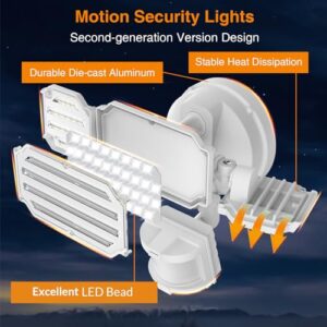 LEPOWER 48W LED Security Lights, 5200LM Motion Sensor Flood Lights Outdoor, Motion Detector Flood Light with Adjustable 72ft &Time Setting, 3 Head Flood Light for Outside Garage, Yard, Porch, Entryway