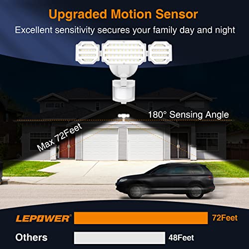 LEPOWER 48W LED Security Lights, 5200LM Motion Sensor Flood Lights Outdoor, Motion Detector Flood Light with Adjustable 72ft &Time Setting, 3 Head Flood Light for Outside Garage, Yard, Porch, Entryway