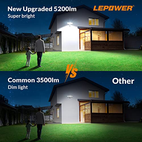 LEPOWER 48W LED Security Lights, 5200LM Motion Sensor Flood Lights Outdoor, Motion Detector Flood Light with Adjustable 72ft &Time Setting, 3 Head Flood Light for Outside Garage, Yard, Porch, Entryway