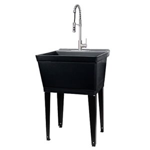 utility sink extra-deep laundry tub in black with high-arc stainless steel coil pull-down sprayer faucet, integrated supply lines, p-trap kit, heavy duty floor mounted freestanding wash station