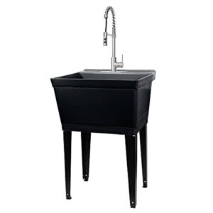 Utility Sink Extra-Deep Laundry Tub in Black with High-Arc Stainless Steel Coil Pull-Down Sprayer Faucet, Integrated Supply Lines, P-Trap Kit, Heavy Duty Floor Mounted Freestanding Wash Station