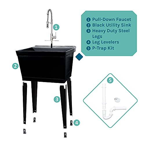 Utility Sink Extra-Deep Laundry Tub in Black with High-Arc Stainless Steel Coil Pull-Down Sprayer Faucet, Integrated Supply Lines, P-Trap Kit, Heavy Duty Floor Mounted Freestanding Wash Station