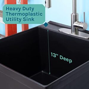 Utility Sink Extra-Deep Laundry Tub in Black with High-Arc Stainless Steel Coil Pull-Down Sprayer Faucet, Integrated Supply Lines, P-Trap Kit, Heavy Duty Floor Mounted Freestanding Wash Station