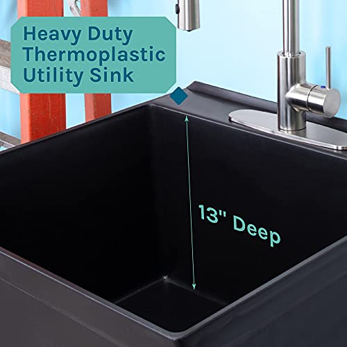 Utility Sink Extra-Deep Laundry Tub in Black with High-Arc Stainless Steel Coil Pull-Down Sprayer Faucet, Integrated Supply Lines, P-Trap Kit, Heavy Duty Floor Mounted Freestanding Wash Station