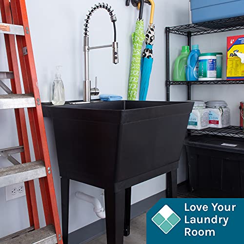 Utility Sink Extra-Deep Laundry Tub in Black with High-Arc Stainless Steel Coil Pull-Down Sprayer Faucet, Integrated Supply Lines, P-Trap Kit, Heavy Duty Floor Mounted Freestanding Wash Station