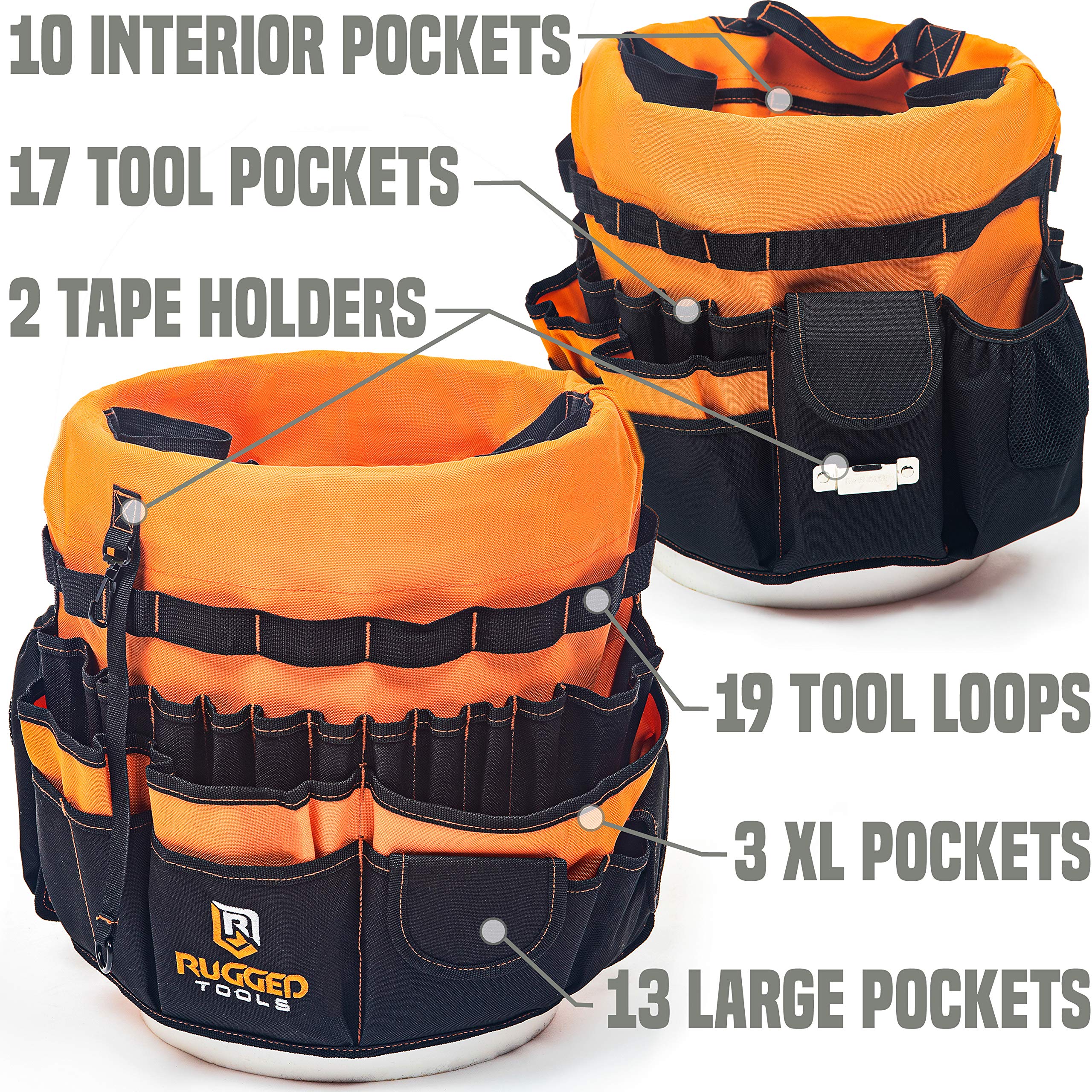 Rugged Tools Bucket Tool Organizer - 64 Pocket Bucket Caddy for 5 Gallon Buckets - Liner Insert for Construction, Garden, Carpenter