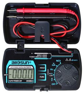 allosun digital multimeter pocket size dc ac voltage current tester ncv ohm capacitance frequency diode and continuity test auto range (em3085a (upgraded))