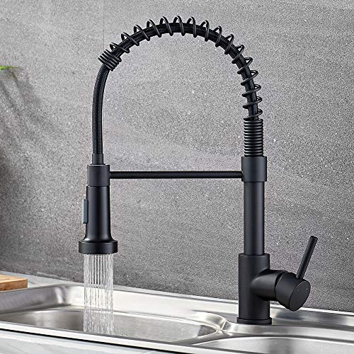 Ravinte Solid Brass Commercial Kitchen Faucet with Sprayer Single Handle Spring Spout Faucets Pull Down Sprayer Kitchen Matte Black Sink Faucet Farmhouse Kitchen Faucets