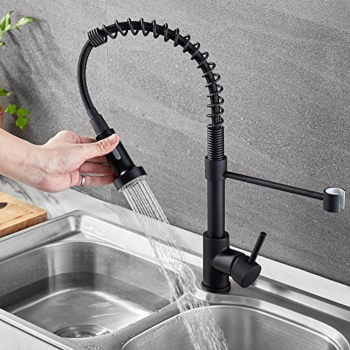 Ravinte Solid Brass Commercial Kitchen Faucet with Sprayer Single Handle Spring Spout Faucets Pull Down Sprayer Kitchen Matte Black Sink Faucet Farmhouse Kitchen Faucets