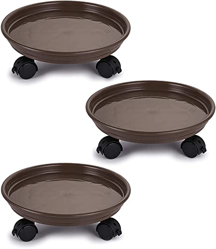 Fasmov 3 Pcs Plant Pallet Caddy Plant Stand Round Flower Pot Mover, Plant Pot Pallet Dolly Caster with Universal Wheels (Brown)