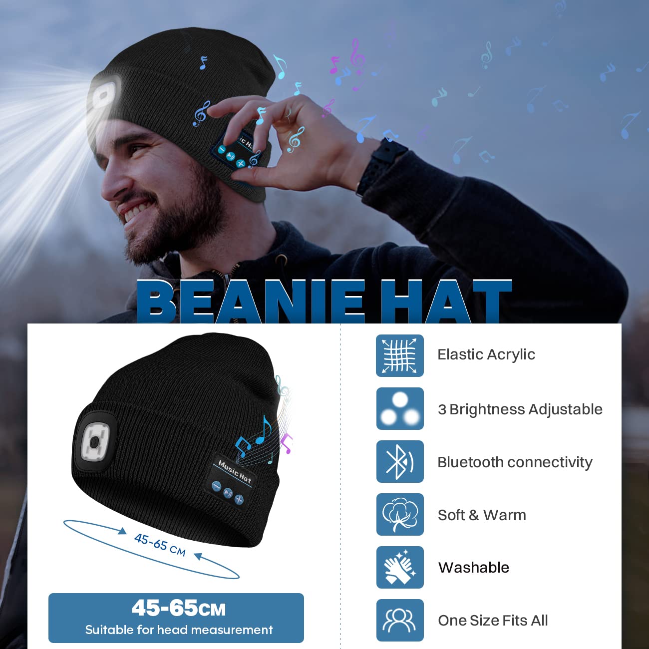 Bosttor Bluetooth Beanie Hat with Light, Headlamp Cap with Headphones and Built-in Speaker Mic, Gifts for Men Women Teen Black