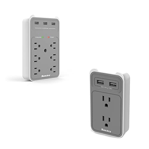 Huntkey 6 AC Outlets Surge Protector with 3 USB Charging Ports SMD607 and 2-Outlet Wall Mount Cradle with Dual 2.1 AMP USB Charging Ports SMD407