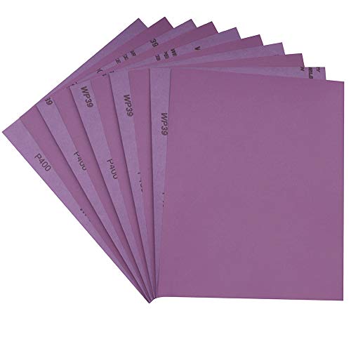 Sandpaper 400 Grit,Wet Dry Sanding Sheets,High Performance White Fused Alumina Abrasive Sand Paper for Wood Furniture Finishing,Metal Grinding,Automotive Polishing,9 x 11 Inch,Purple,10-Pack