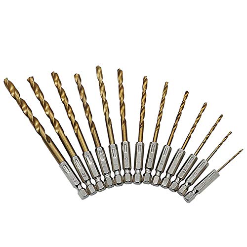 Hex-Shank Drill Bit Set, HSS Titanium Coated Twist Drill Bits Set Hex Shank High Speed Steel Drill Bit for Metal Wood Plastic Aluminum Thin Iron, Quick Change Regular Drilling Tools 13Pcs