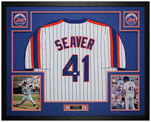 Tom Seaver Autographed Pinstriped New York Mets Jersey - Beautifully Matted and Framed - Hand Signed By Seaver and Certified Authentic by JSA - Includes Certificate of Authenticity