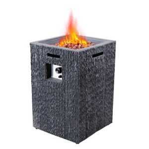 19 inch outdoor propane fire pit table, 40,000 btu patio gas heater column with vertical texture surface, red lava rocks, and waterproof cover